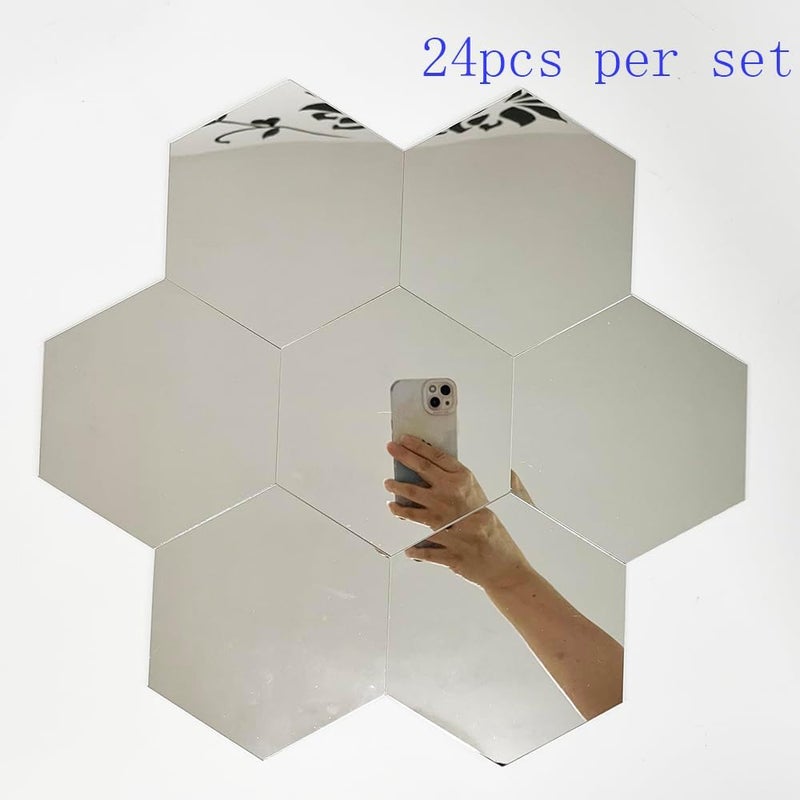 TVPHLLY 24pcs Silver Hexagon Mirror Acrylic Wall Stickers with Adhesive Art Decal Satin Paper Baby Kids Bedroom Home DIY Decor Removable Stickers (Hexagon Silver) - Image 4